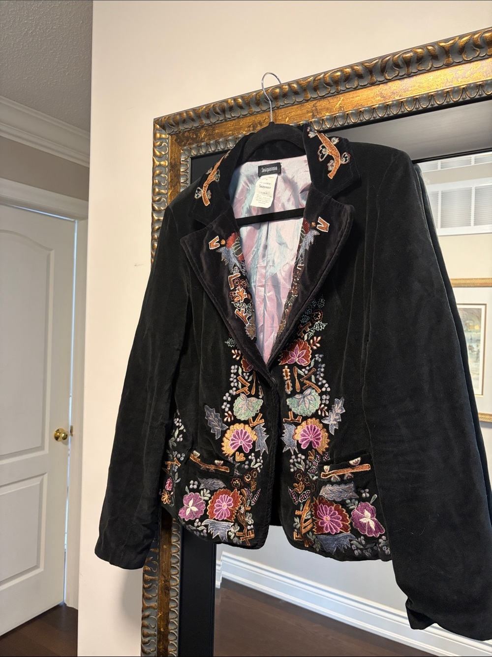 Embroidered Black Velvet Jacket with Floral Detail